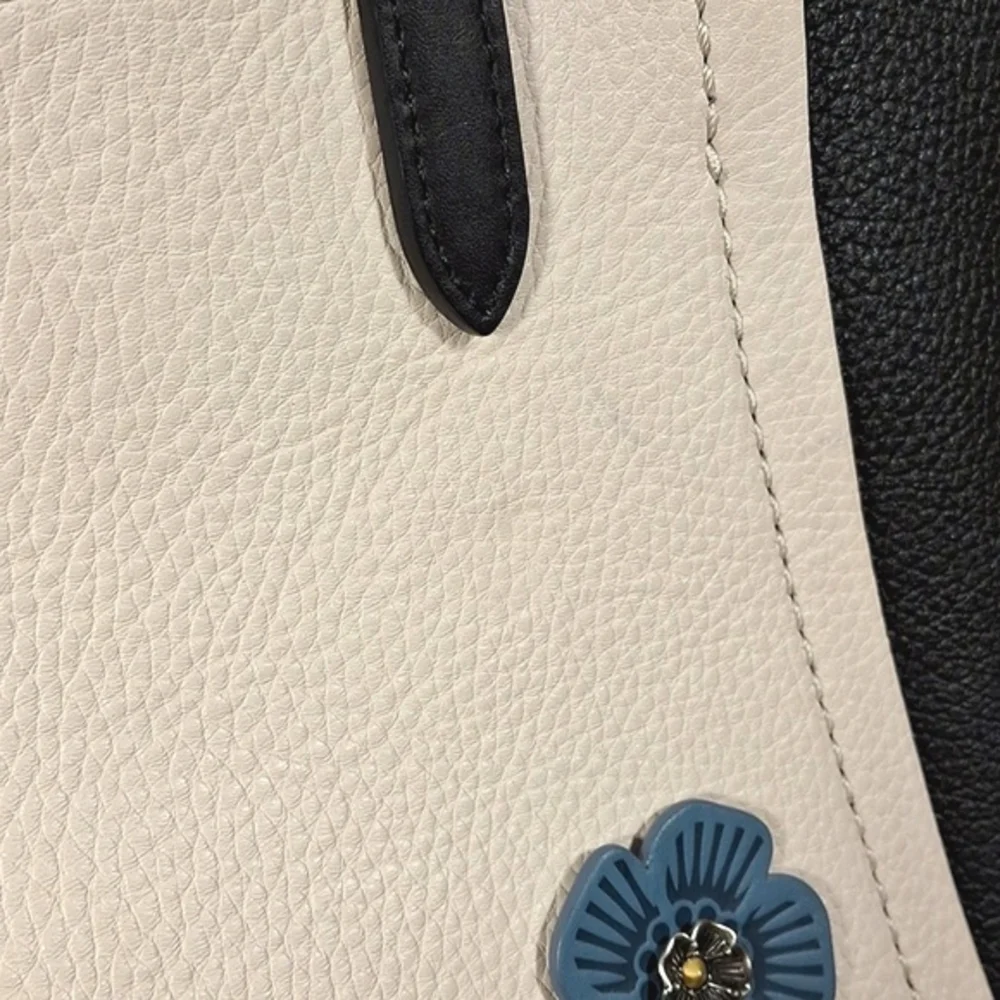 Coach Two-Tone Black and Cream Floral Appliqué Tote